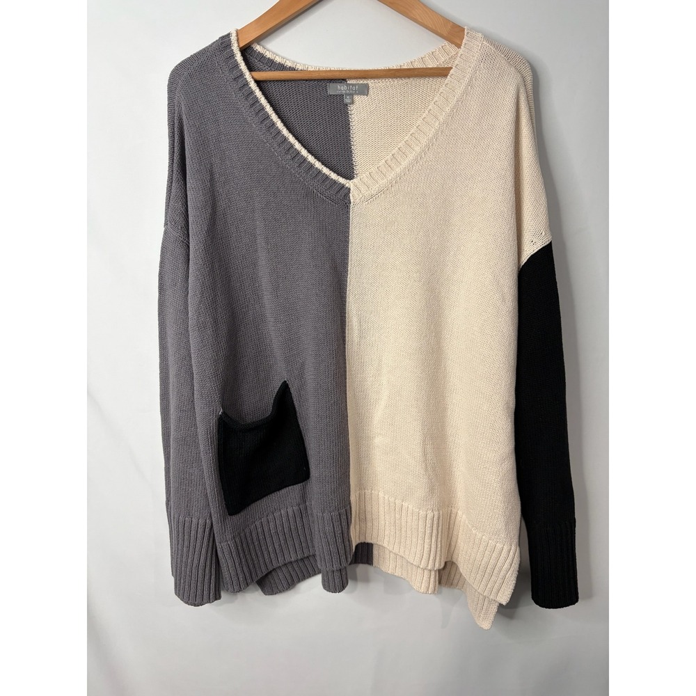 Habitat Colorblock V Neck Sweater Womens XL Gray Boho Lagenlook Artsy Slouchy
